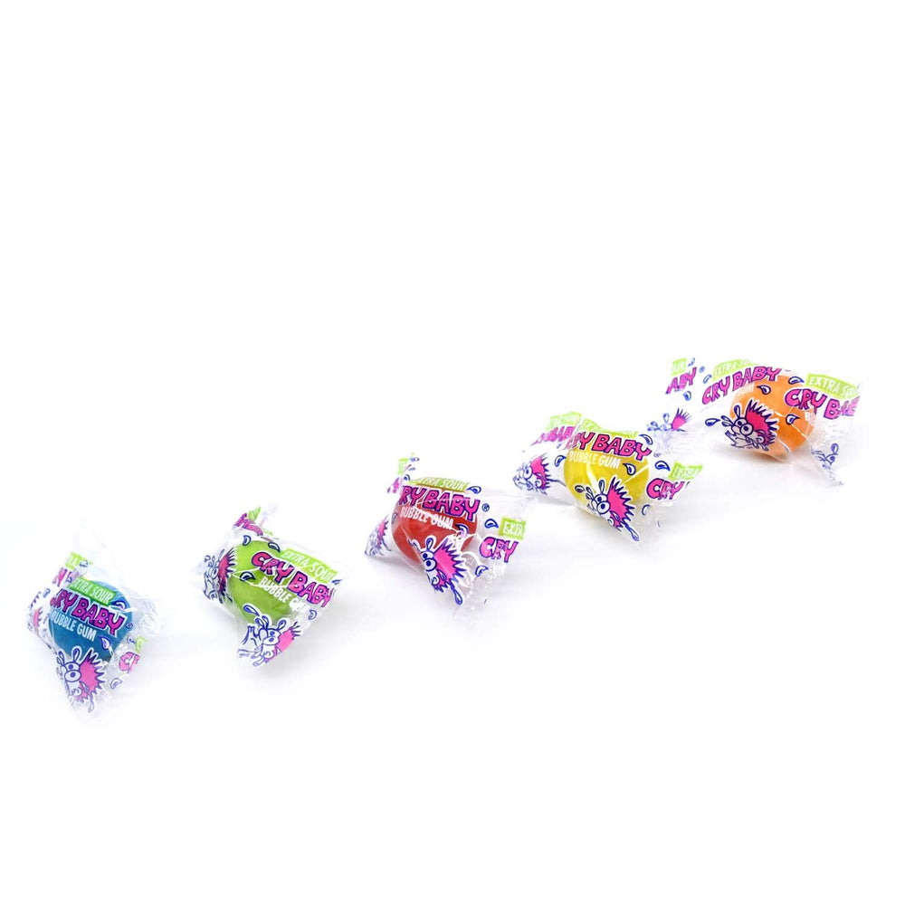 Tootsie Roll Cry Baby Extra Sour Gum flavors showcase lemon, cherry, berry, orange, apple.