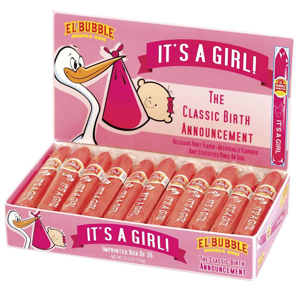 Tootsie Roll Dubble Bubble It's A Girl bubblegum cigars box front, ideal for baby shower celebrations.