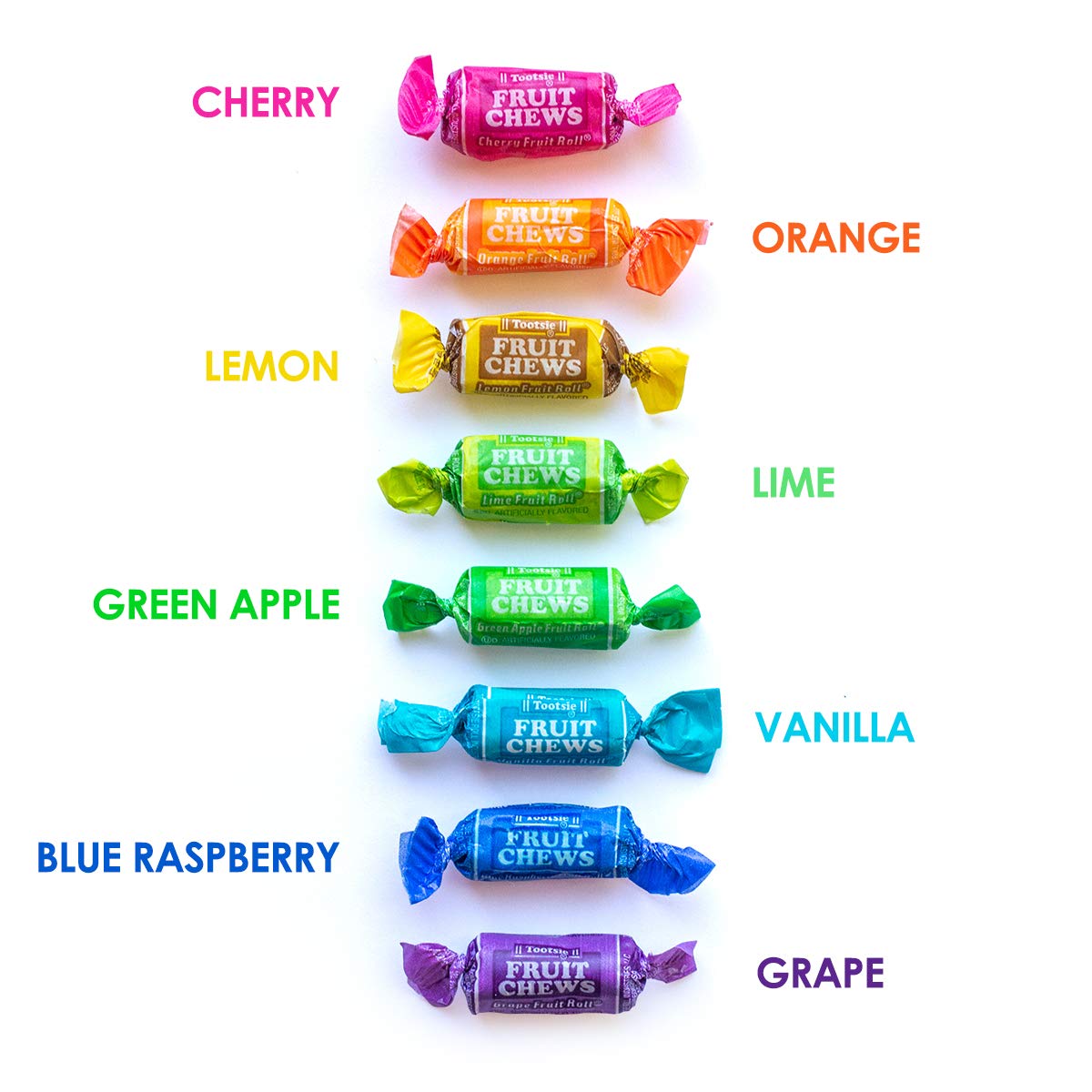Tootsie Roll Fruit Chews green apple and blue raspberry flavors offer vibrant bites