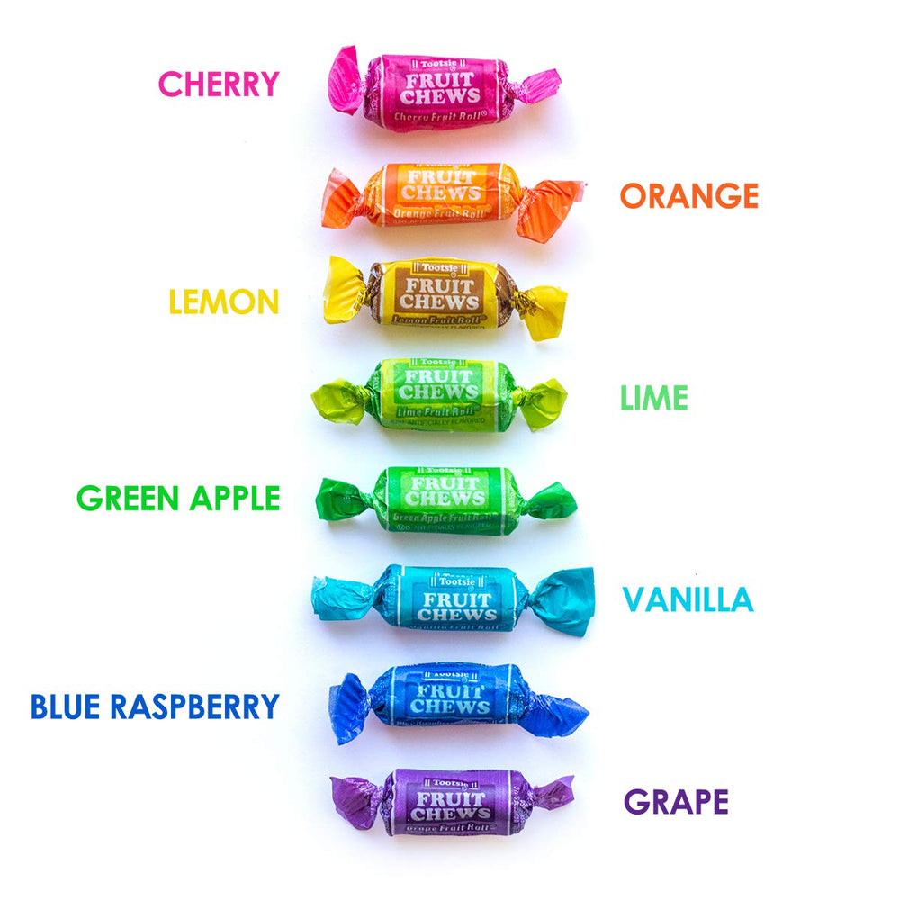 Tootsie Roll Fruit Chews green apple and blue raspberry flavors offer vibrant bites