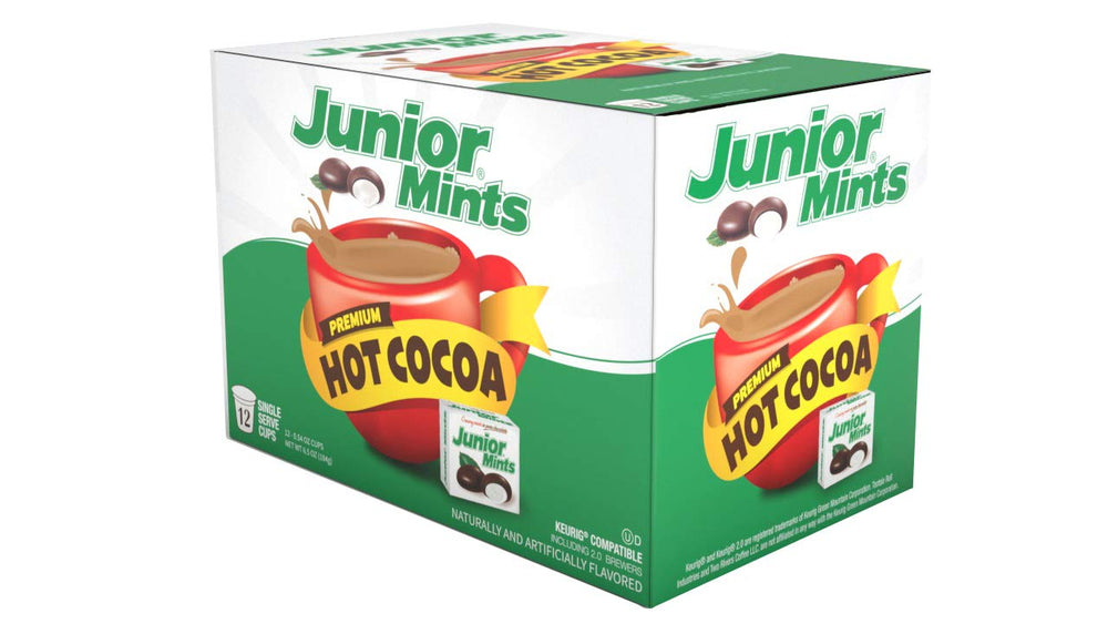 Tootsie Roll Junior Mints hot cocoa pod in a cup delivering minty, velvety chocolate.