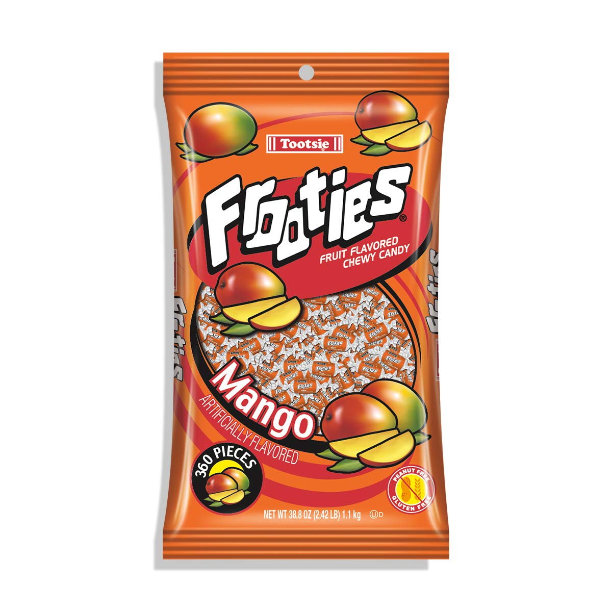 Tootsie Roll Mango Frooties bag front view with orange wrappers, great for parties.