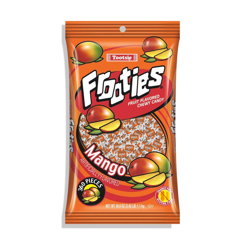 Tootsie Roll Mango Frooties bag front view with orange wrappers, great for parties.