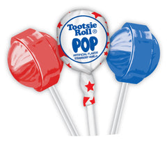 Tootsie Roll Patriotic Pops blue raspberry flavor with flag wrapper, ideal for patriotic events