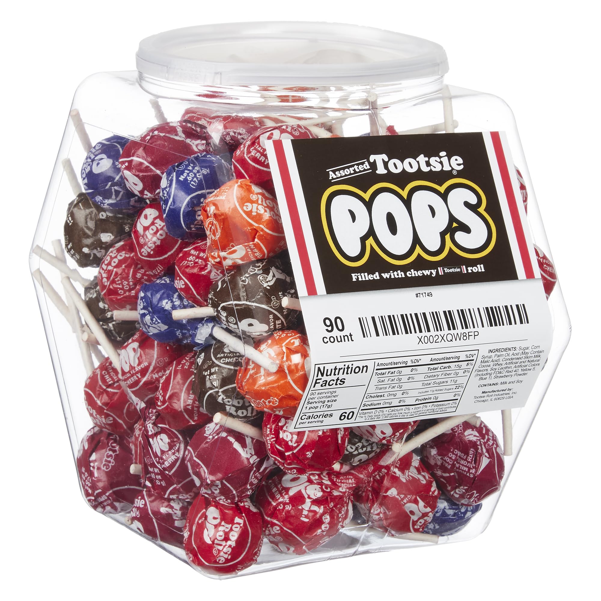Tootsie Roll Pops bulk tub front view shows 90 lollipops for party buffets.