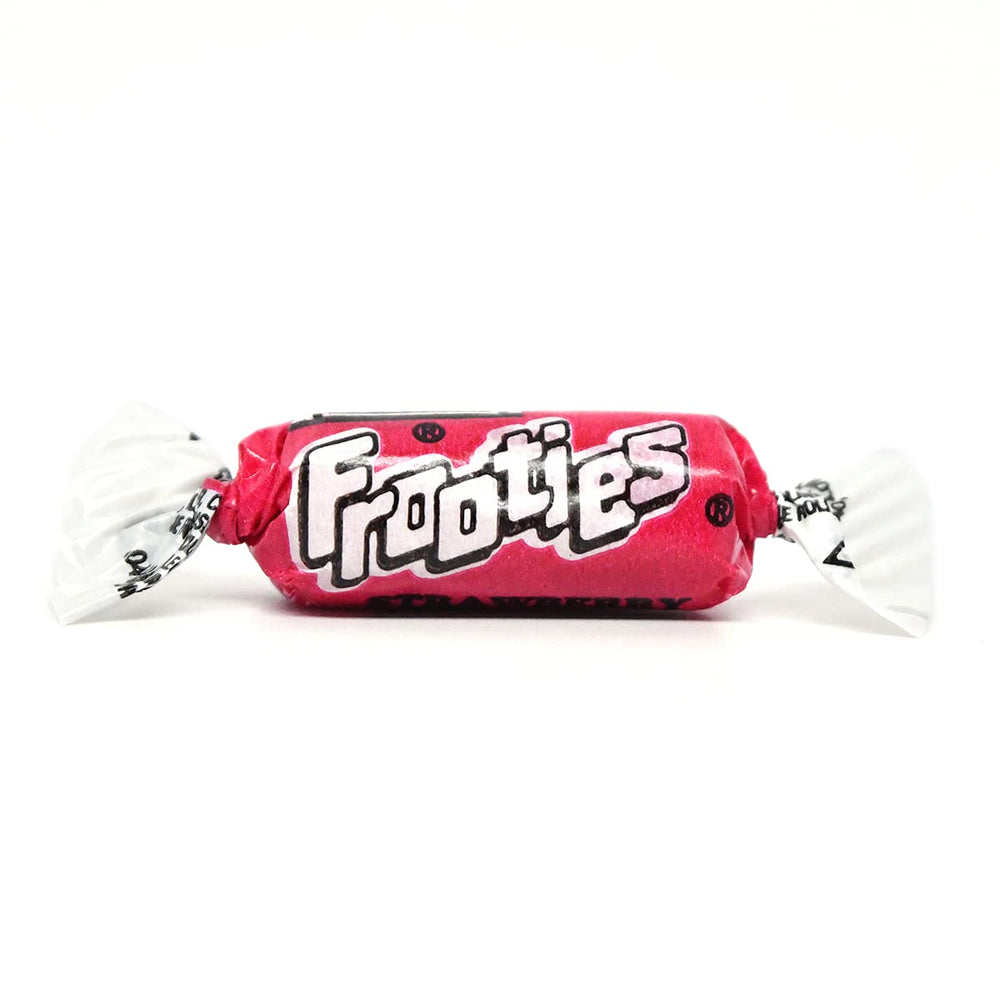 Tootsie Roll Strawberry Frooties bag closeup highlighting bite-sized, kosher, gluten-free treats.