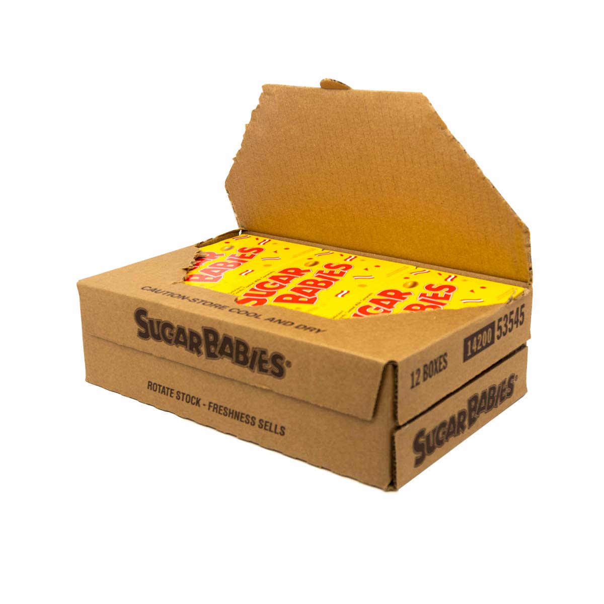 Tootsie Roll Sugar Babies box front view with bite-sized caramel snacks for movie-night snacking