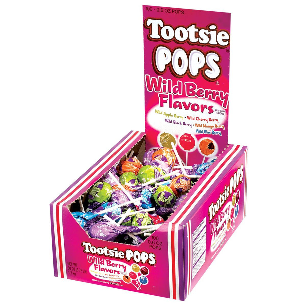 Tootsie Pops variety pack display showcasing multiple wild berry flavors.
