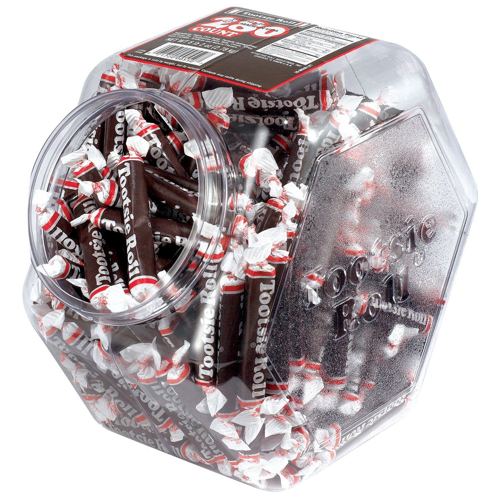 Tootsie Roll tub with 280 individually wrapped chocolates for office snacking.