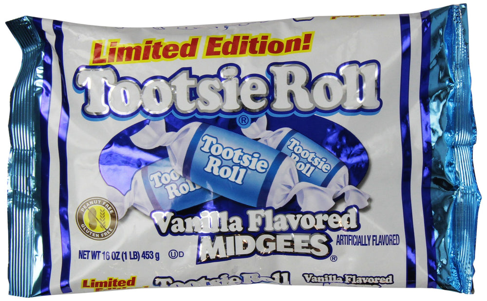 Tootsie Roll Vanilla Midgees bag, chewy vanilla candy for snacking.
