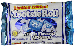 Tootsie Roll Vanilla Midgees bag, chewy vanilla candy for snacking.