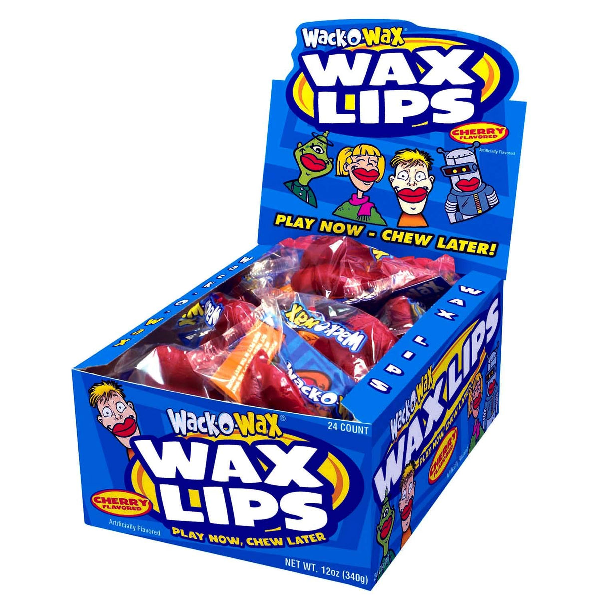 Tootsie Roll Wack-O-Wax Lips Cherry box front with wrapped candies.