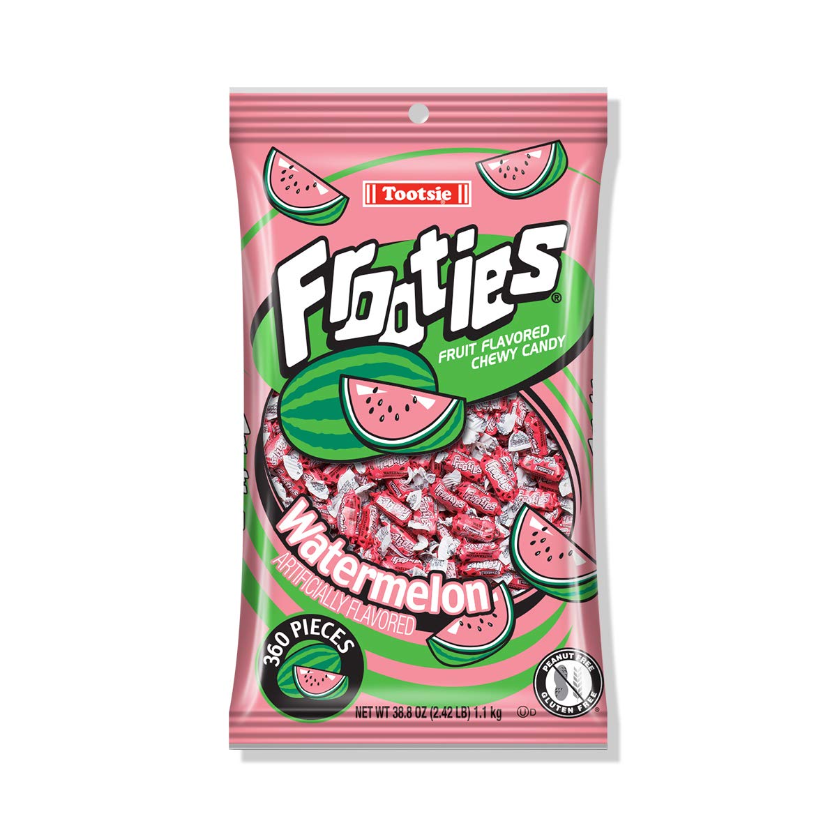 Tootsie Roll Watermelon Frooties bag front – bright pink chewy candy for parties