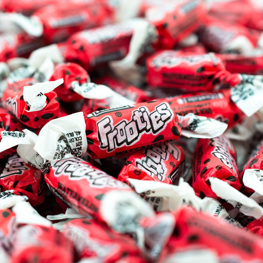 Tootsie Roll Watermelon Frooties closeup – chewy pink candy pieces