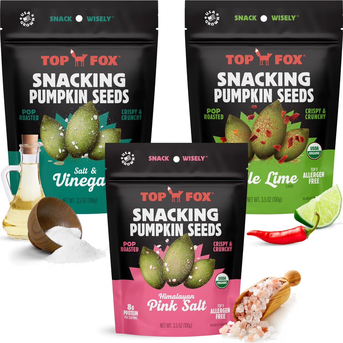 Top Fox Pumpkin Seeds to Eat bag front view, organic pop-roasted snack ready.