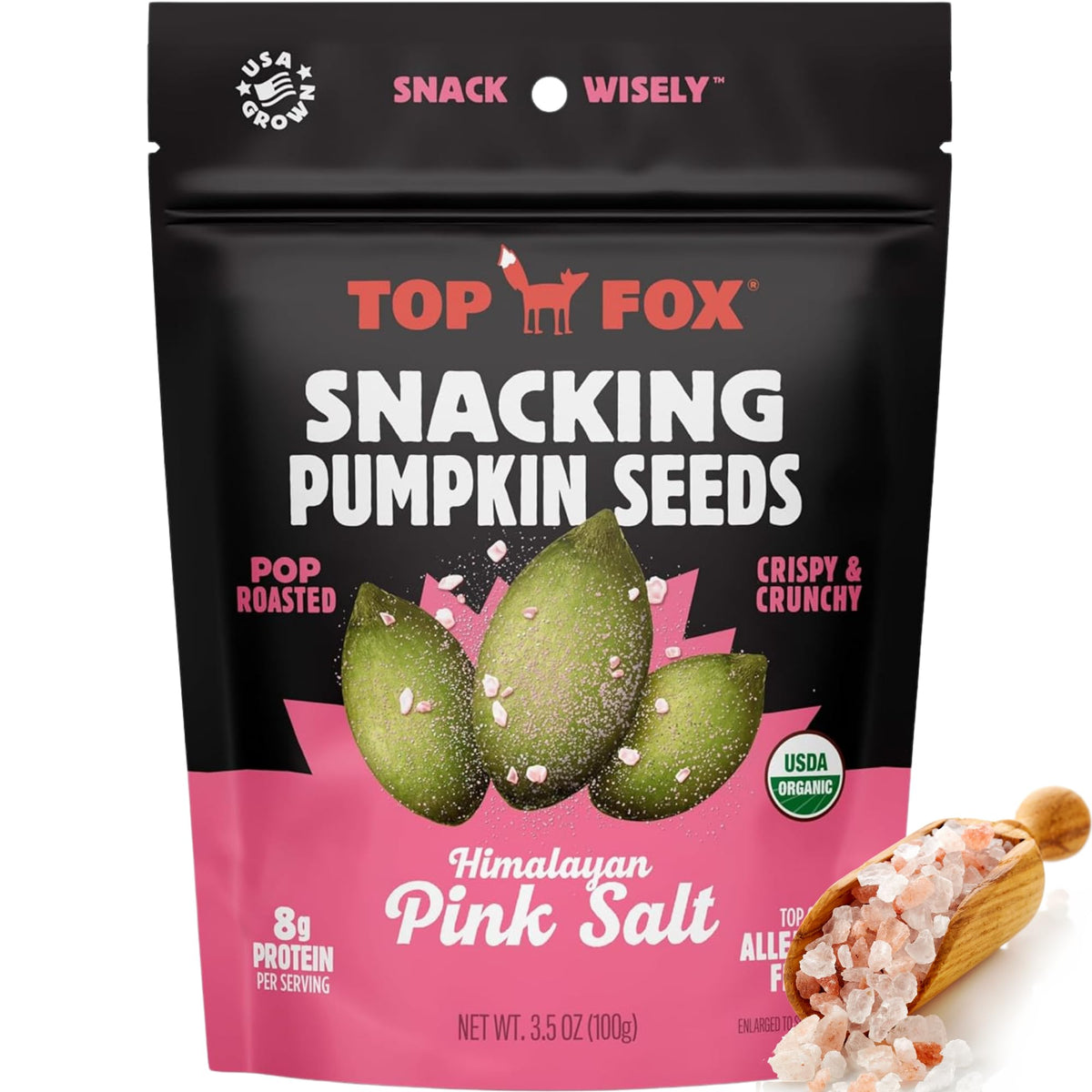 Top Fox Snacks organic pumpkin seeds in a bag with crisp texture and bold flavor.