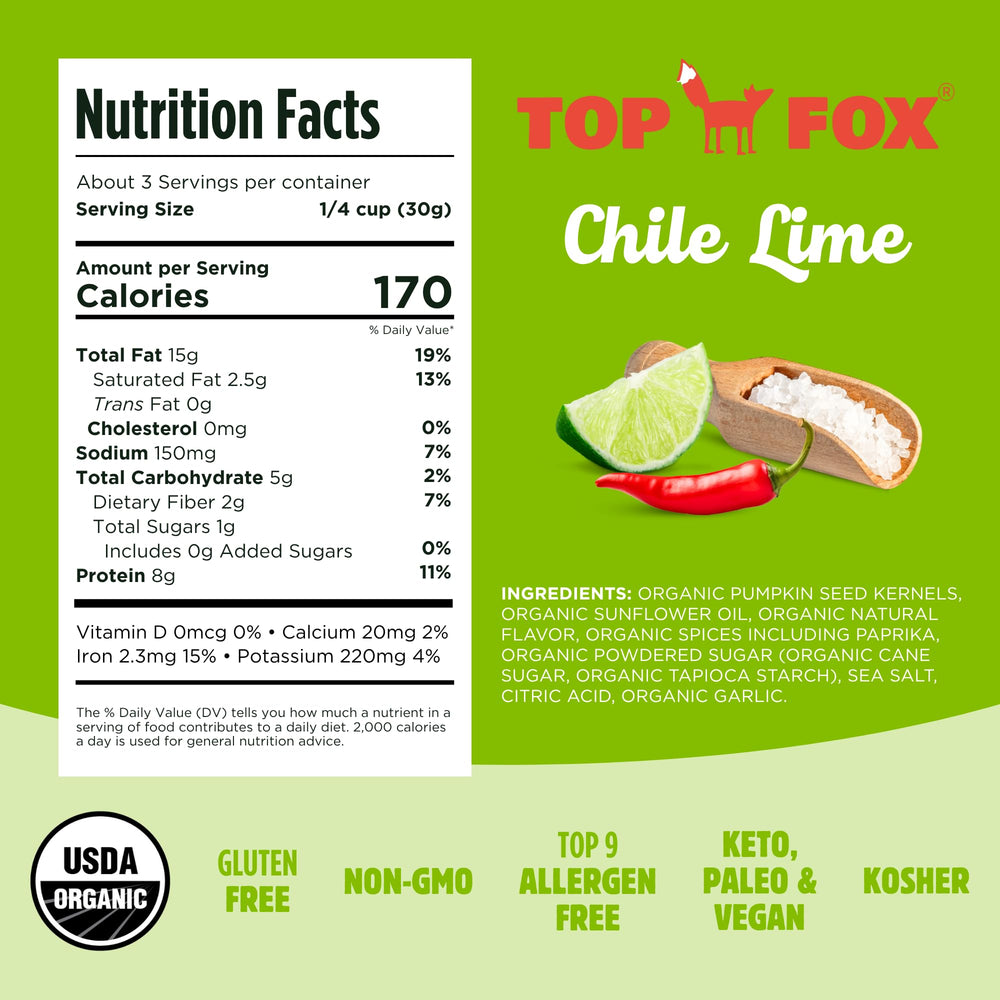 Top Fox Chile Lime pumpkin seeds close-up—crisp crunch and bold flavor
