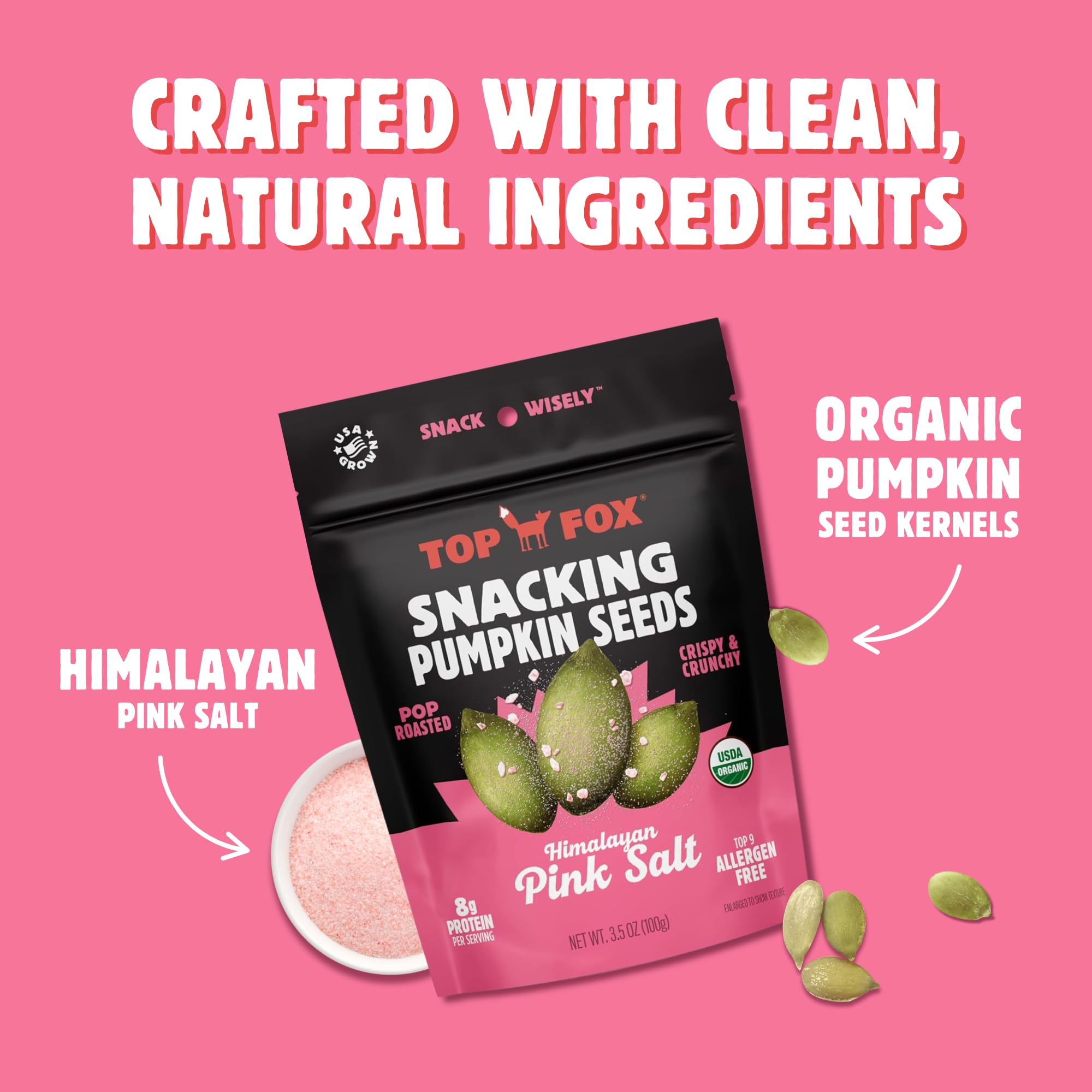 Top Fox Snacks shell-free pumpkin seeds ready to eat for quick energy.