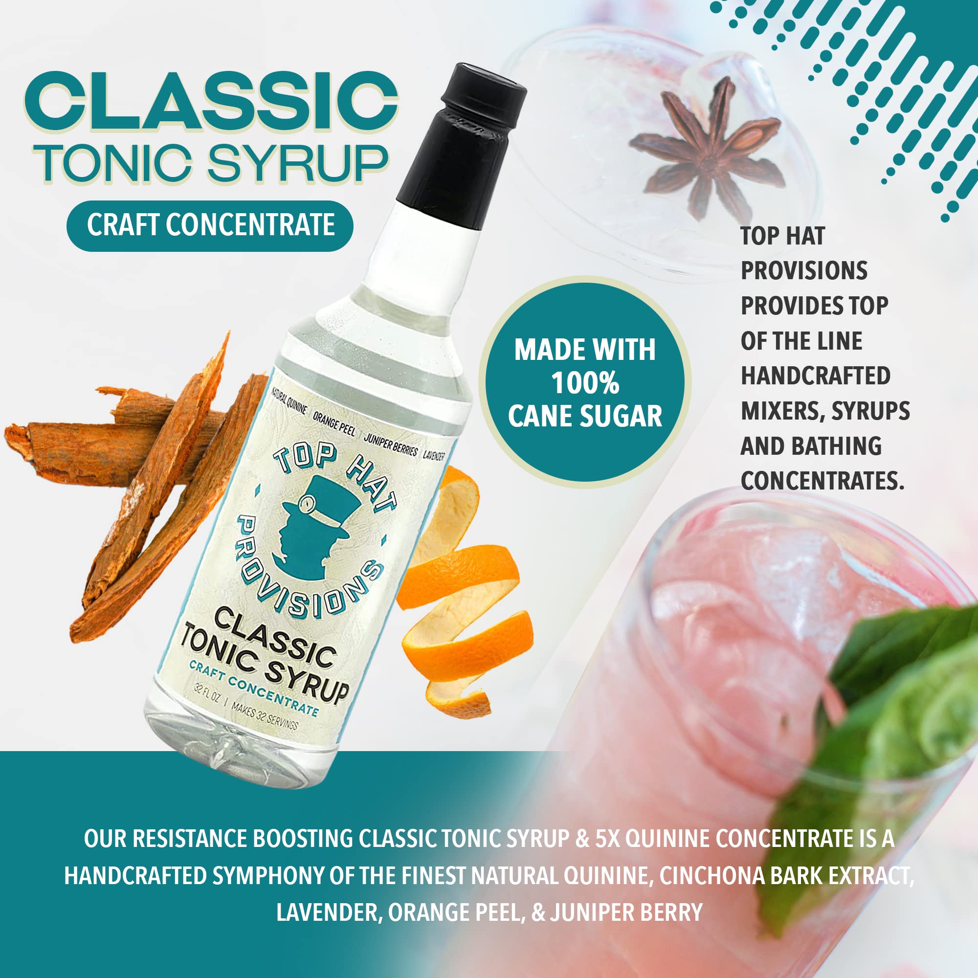 Top Hat Provisions bottle label close-up highlighting botanical quinine blend
