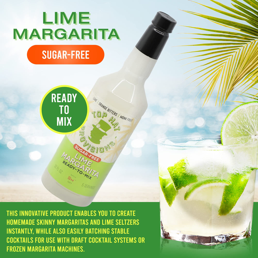 Top Hat Provisions home bar setup with sugar-free lime margarita mixer.