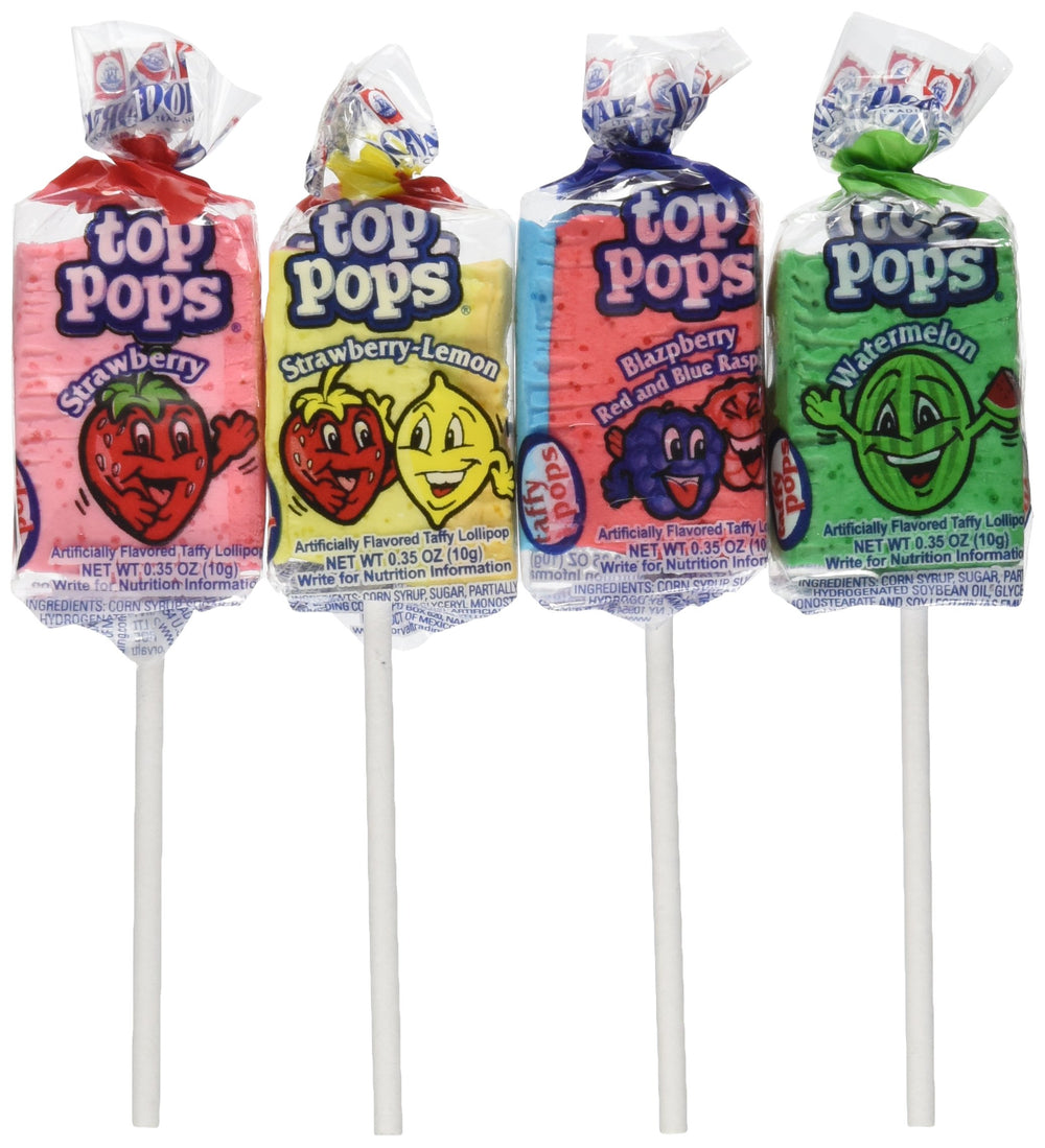 Top Pops Taffy Pops assorted flavors 48-count box for parties.