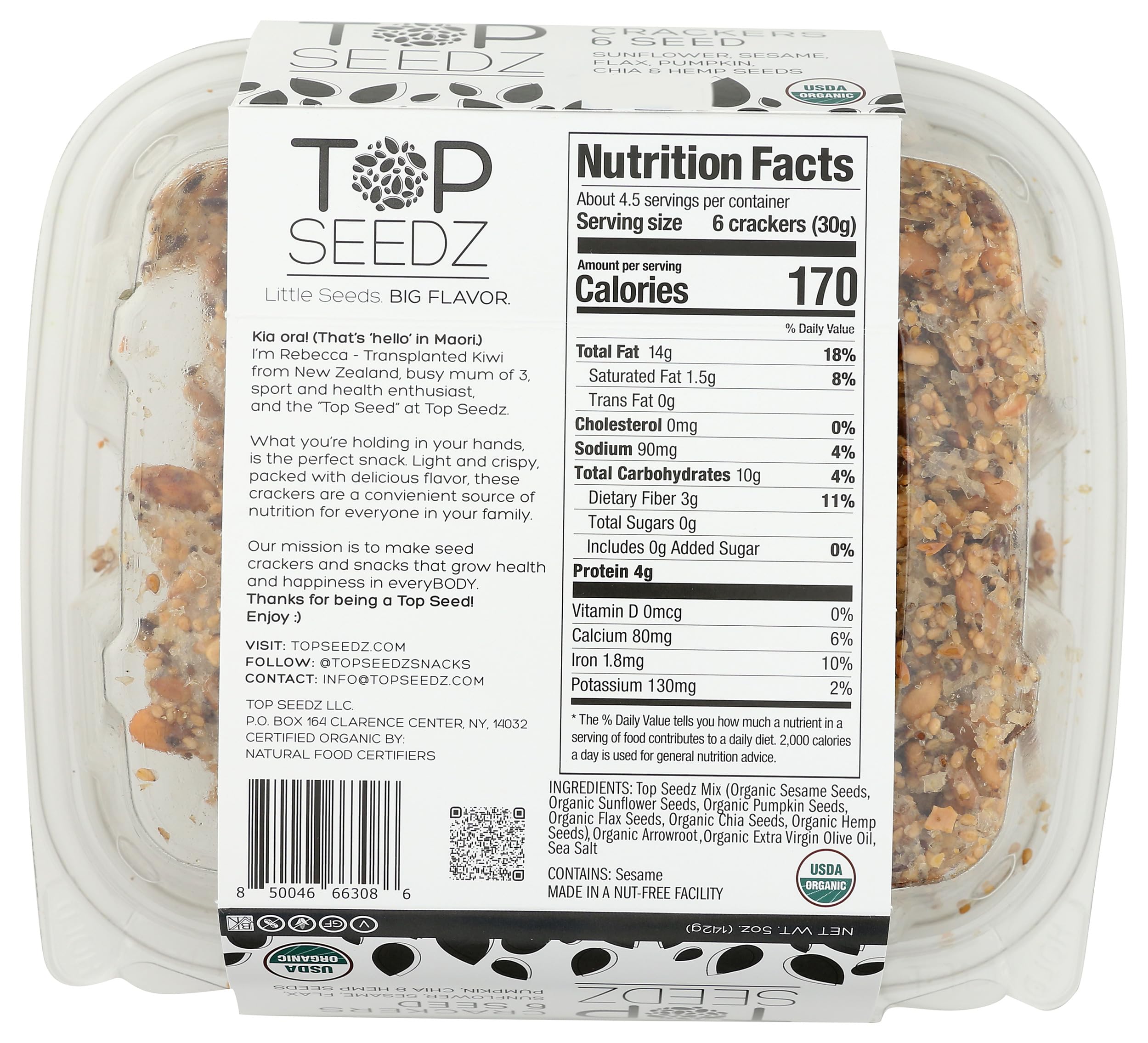 Close-up of crispy texture highlights the satisfying crunch of Top Seedz crackers.