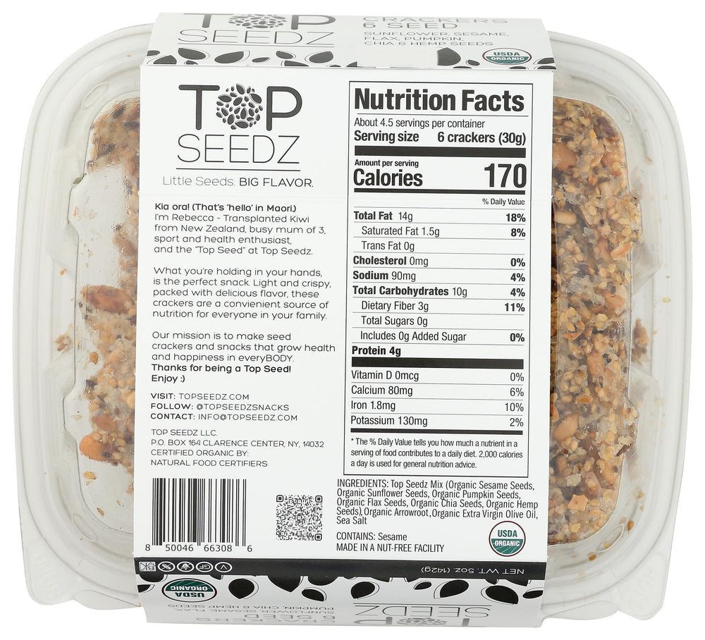 Close-up of crispy texture highlights the satisfying crunch of Top Seedz crackers.