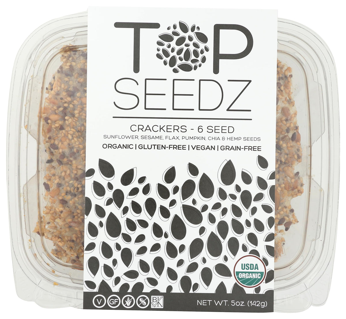 Top Seedz 6 Seed Crackers in organic packaging show wholesome ingredients for mindful snacking.