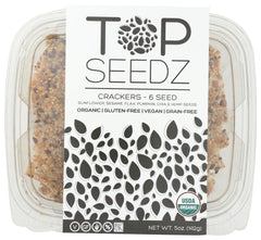 Top Seedz 6 Seed Crackers in organic packaging show wholesome ingredients for mindful snacking.