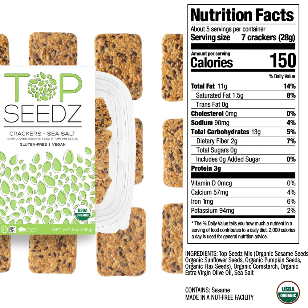 Top Seedz organic gluten free crackers close-up reveals seed blend and texture
