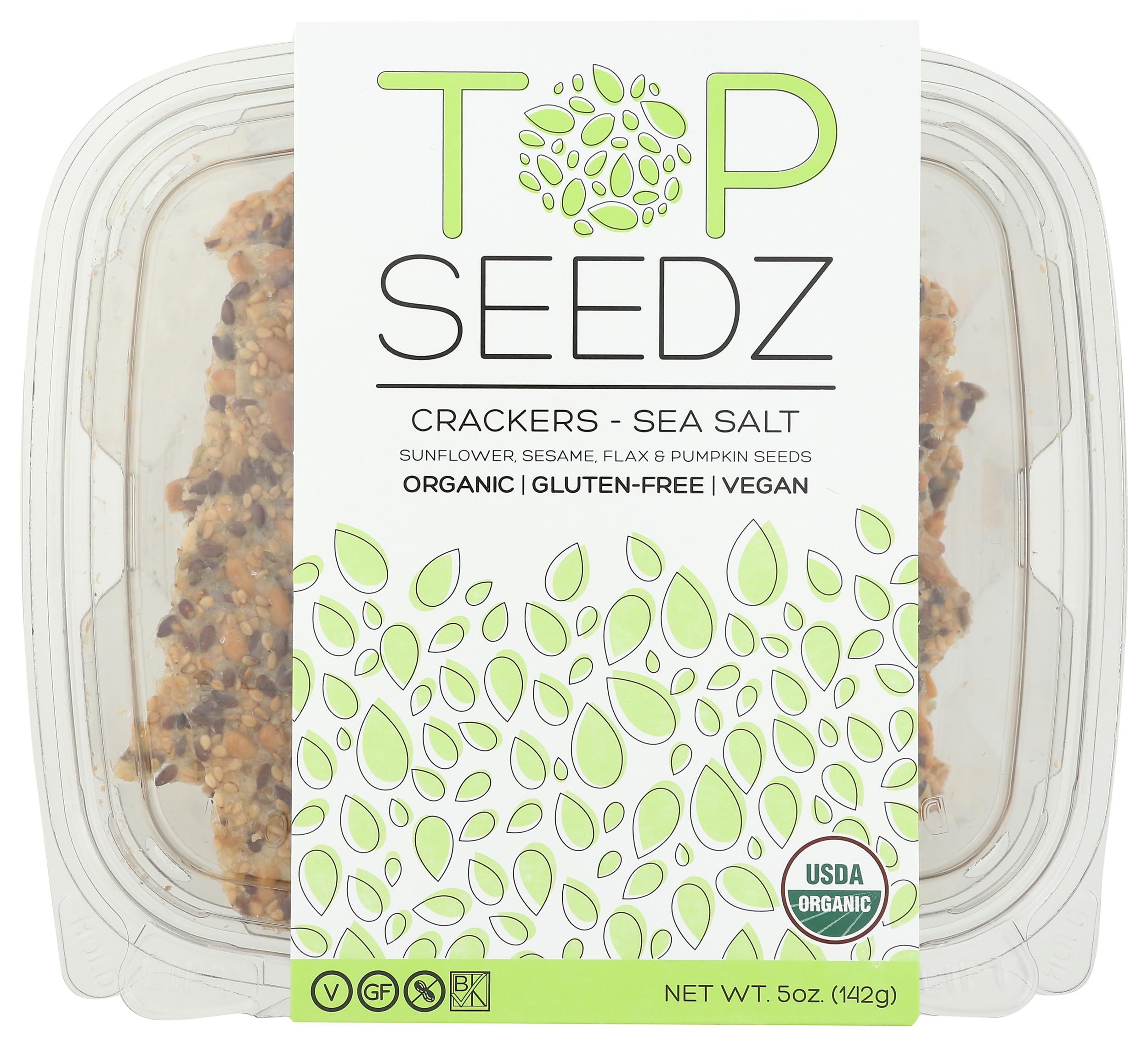 Top Seedz Sea Salt Crackers box front highlighting organic, gluten-free goodness.