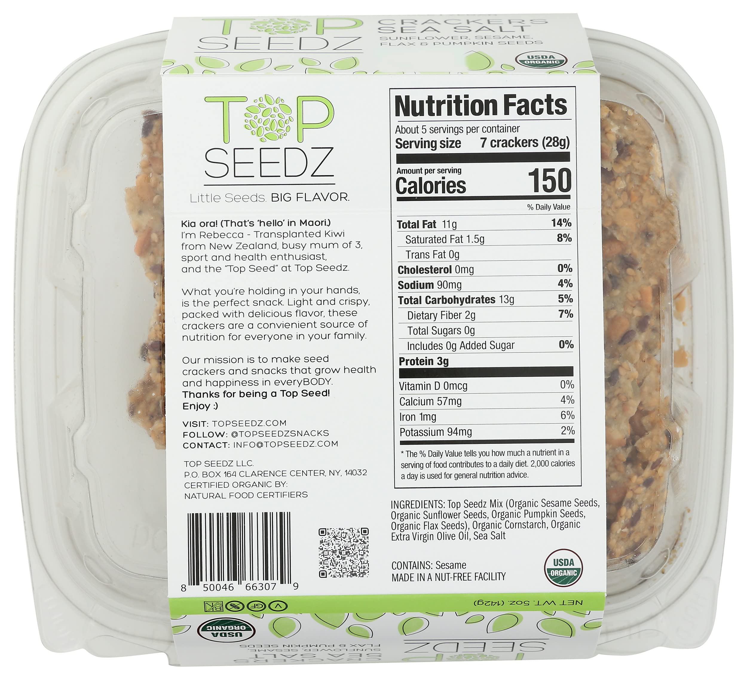 Top Seedz sea salt crackers close-up emphasizes crisp texture.