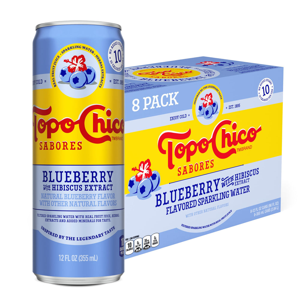 Topo Chico Blueberry Hibiscus can with crisp bubbles for refreshing lift.