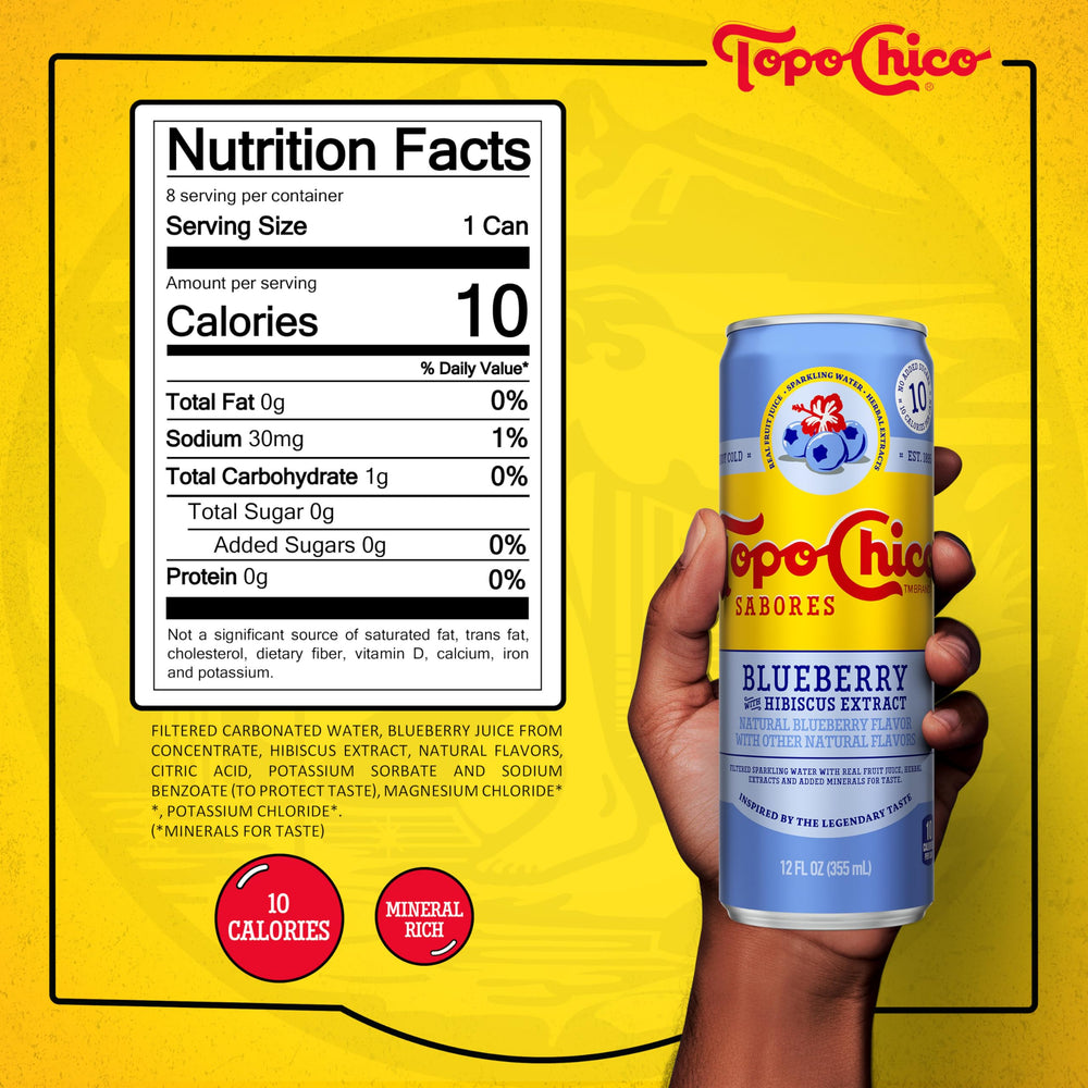 Topo Chico Blueberry Hibiscus pour reveals vibrant color and real juice aroma.