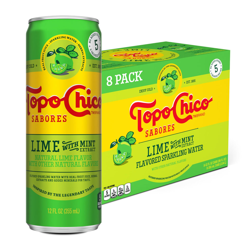 Topo Chico Sabores Lime with Mint can front showing crisp bubbles and real juice notes