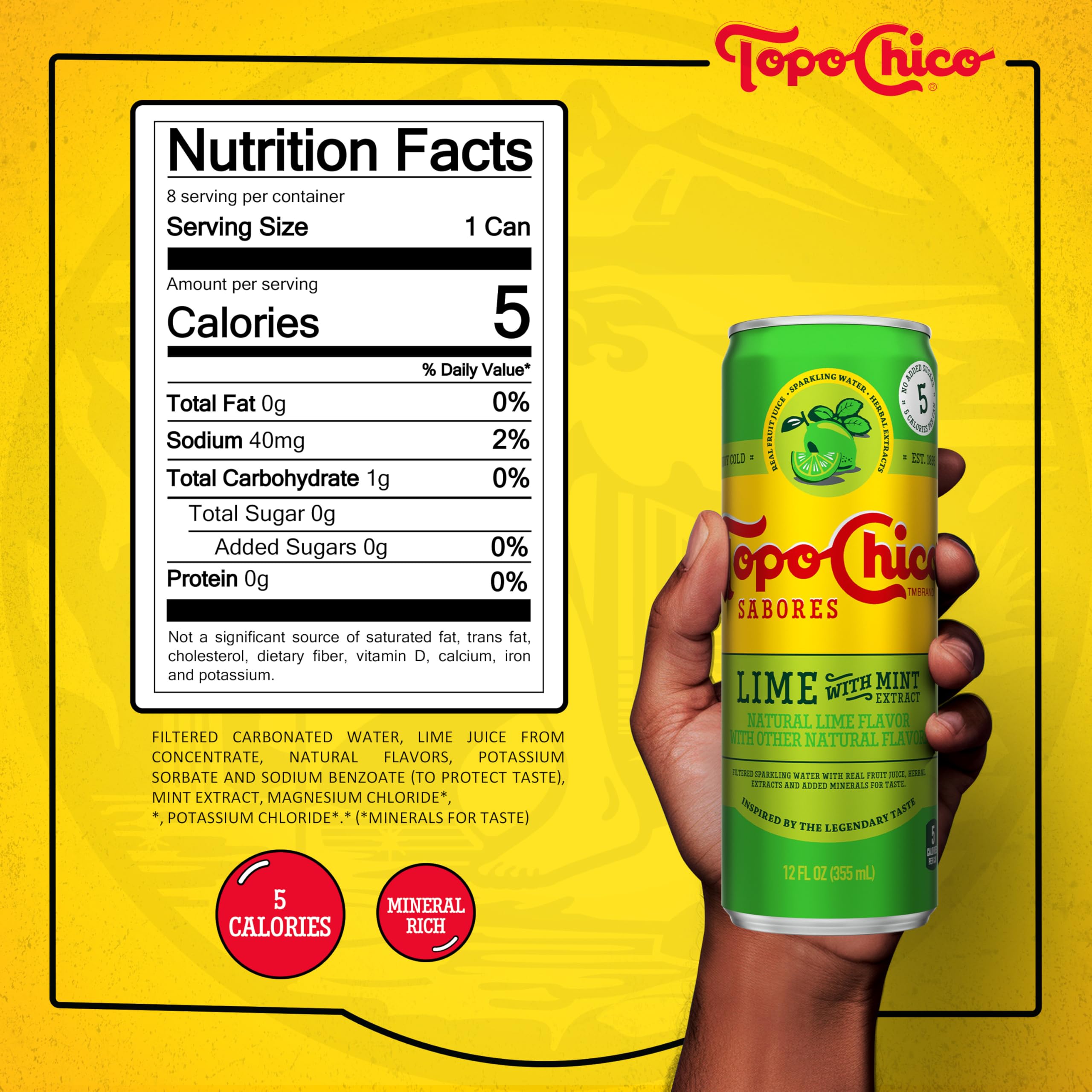 Topo Chico Sabores Lime with Mint can side view highlighting mint and lime color