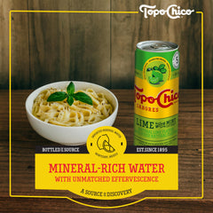Topo Chico Sabores Lime with Mint glass pouring over ice for a crisp sip