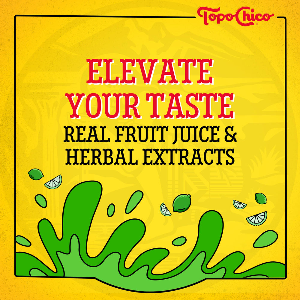 Topo Chico Sabores Lime with Mint label close-up highlighting low calories and no added sugars