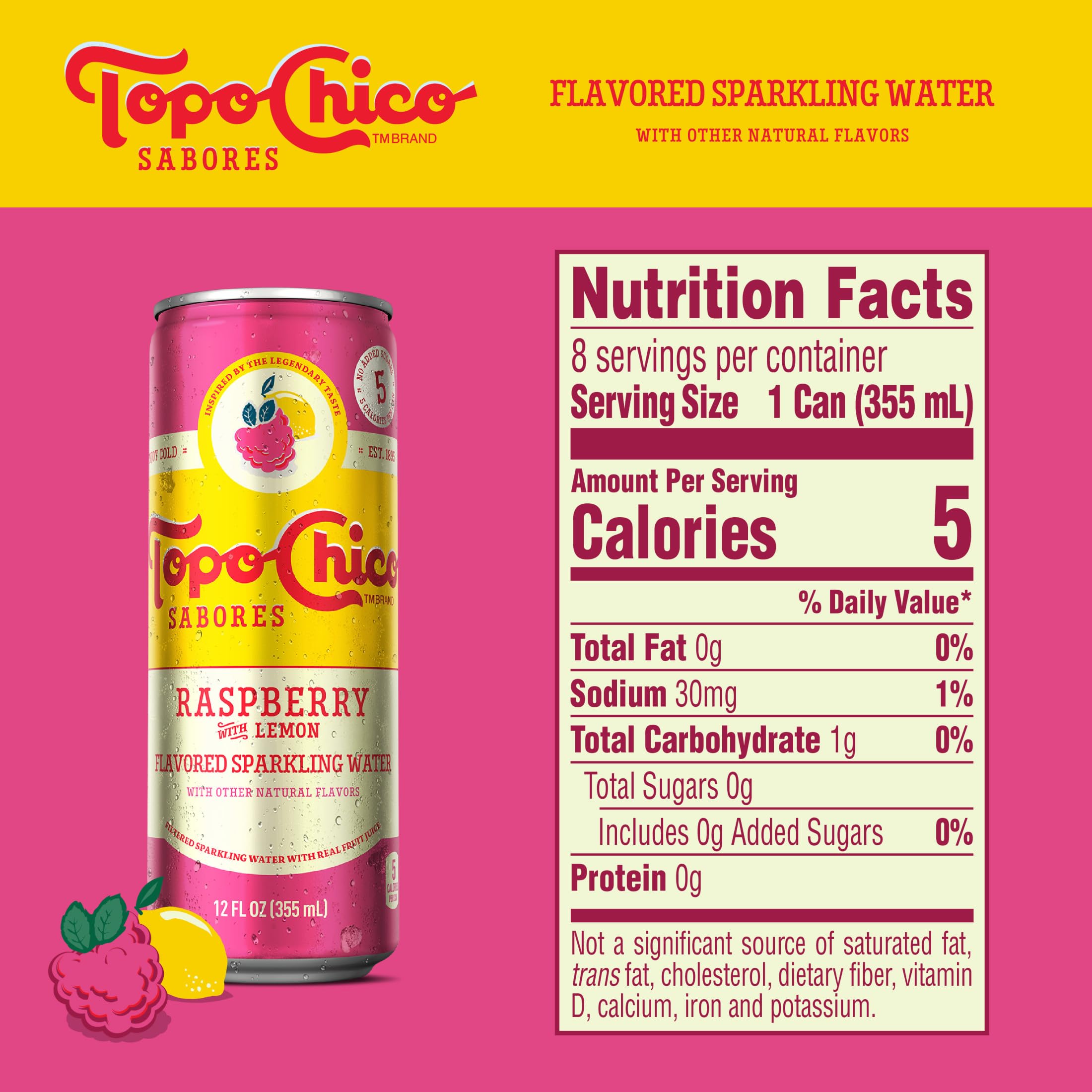 Topo Chico Sabores Raspberry with Lemon glass with bubbles showcasing bright citrus notes