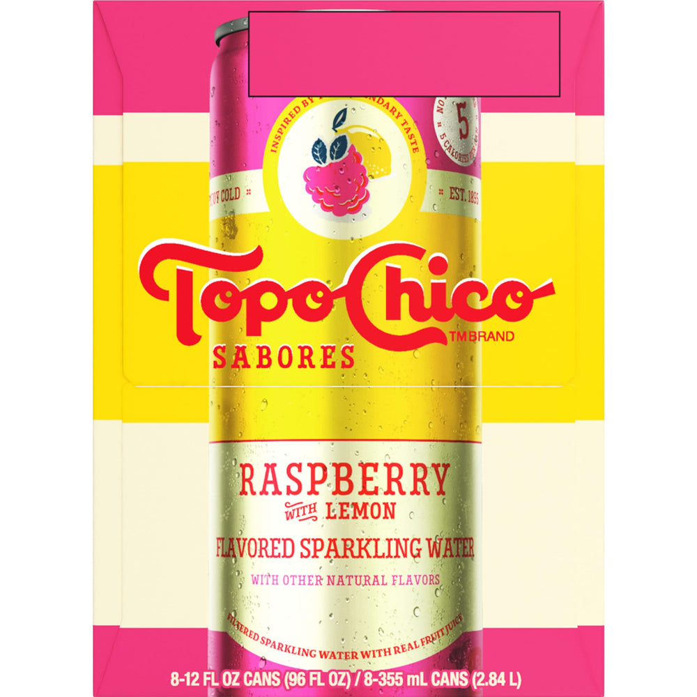 Topo Chico Sabores Raspberry with Lemon label communicates no added sugars and real fruit juice