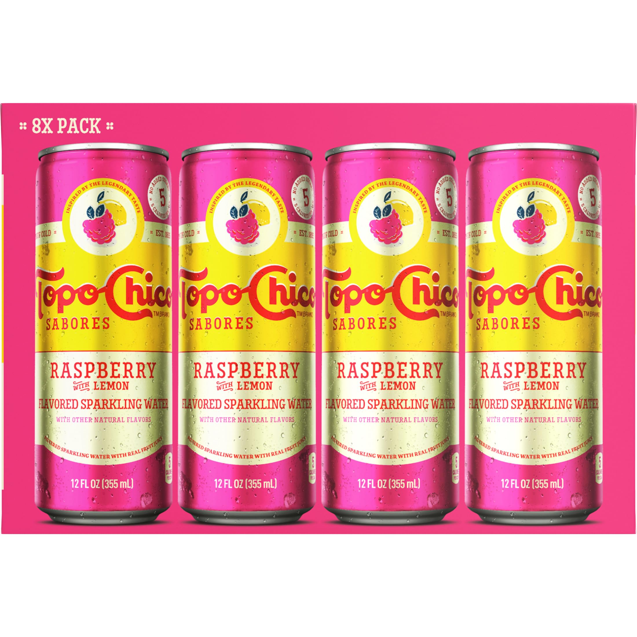 Topo Chico Sabores Raspberry with Lemon pour features lively bubbles and natural juice