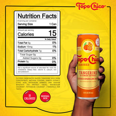 Closeup of Topo Chico Sabores Tangerine Ginger can with herbal extracts.