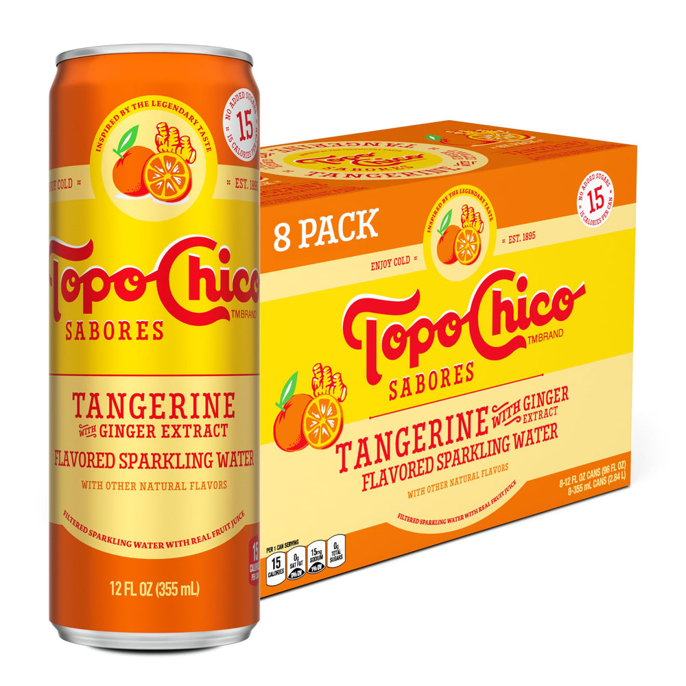 Topo Chico Sabores Tangerine Ginger can with crisp bubbles and real juice.