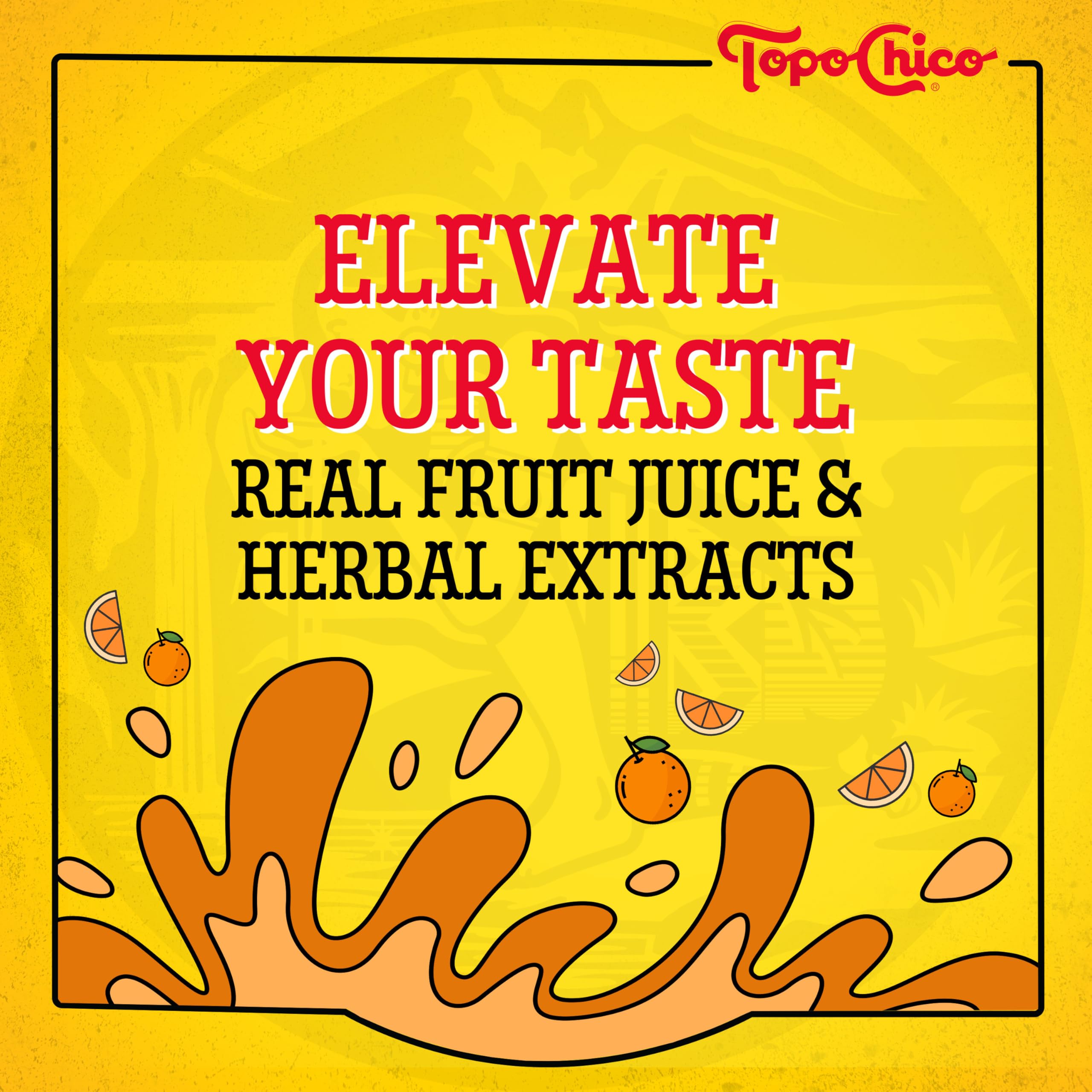 Closeup of Topo Chico Sabores Tangerine Ginger showing mineral sparkle.