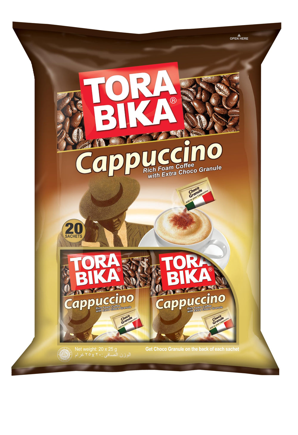 Torabika Cappuccino Instant Coffee packaging showing 20 sachets for quick prep