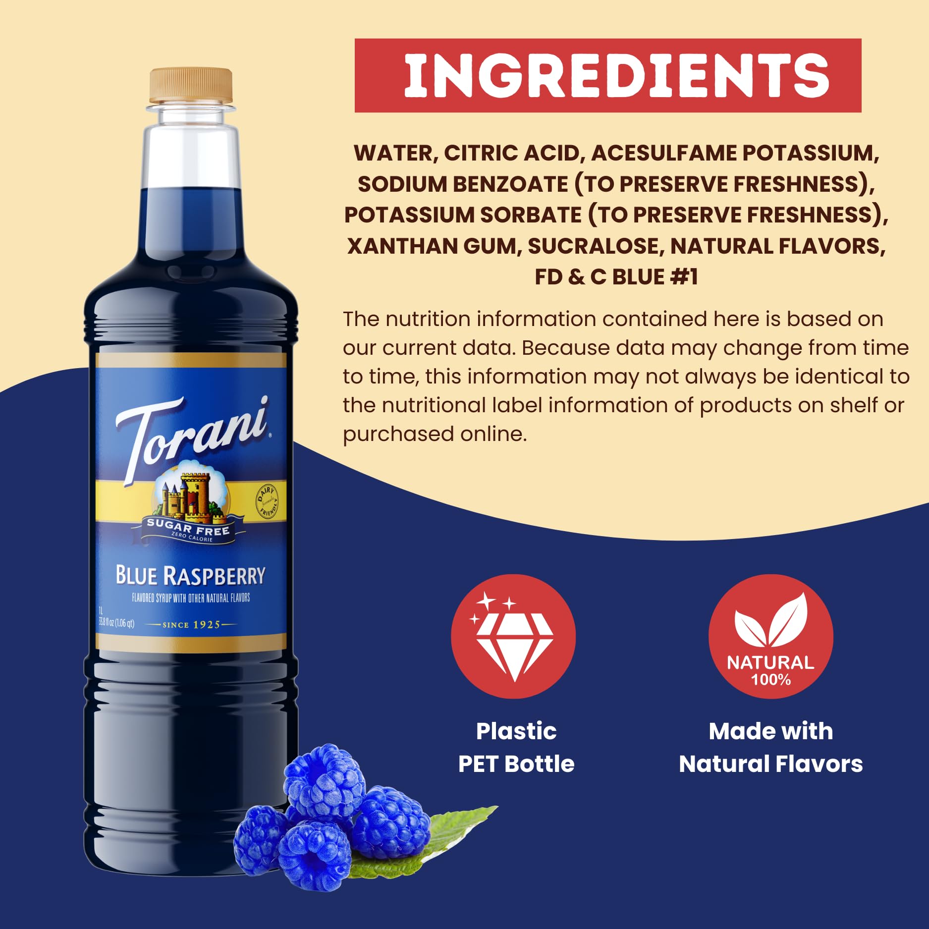 Torani 1-liter bottle provides long-lasting flavor supply.