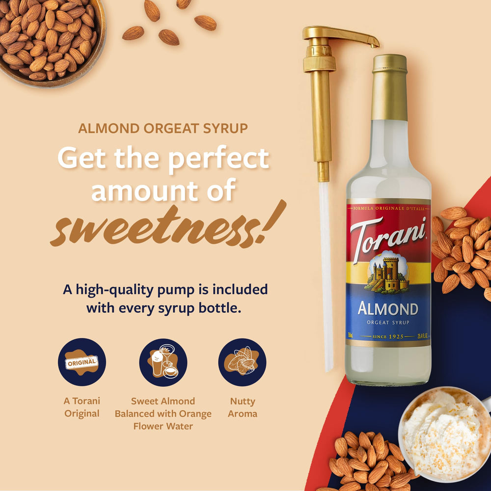 Torani Almond Orgeat Syrup glass bottle showcased for home café use