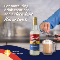 Torani Almond Orgeat Syrup pour setup highlighting simple flavoring