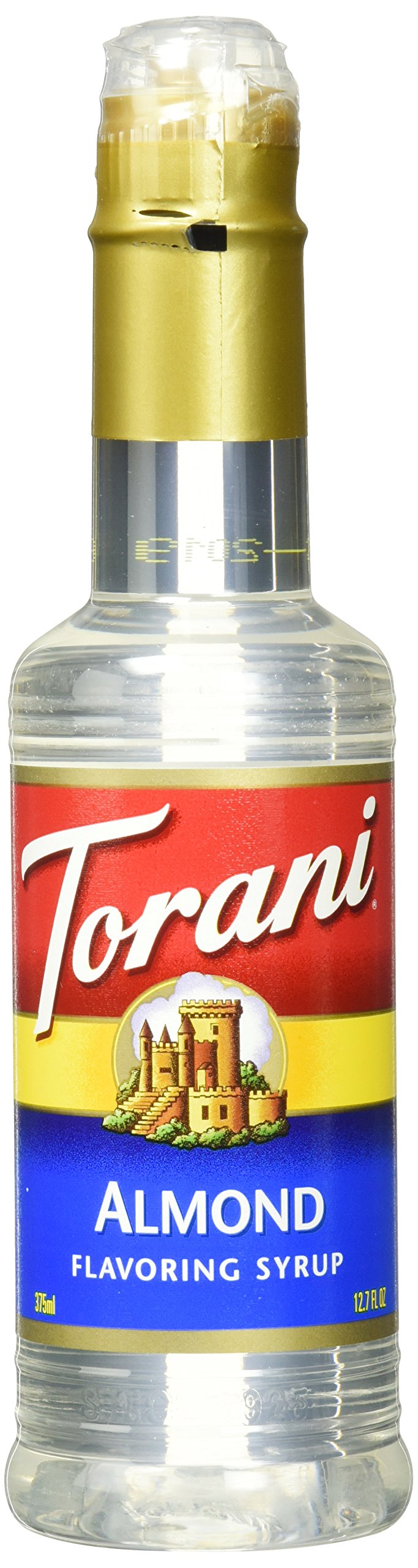 Torani Almond Syrup bottle close-up highlighting rich almond flavor for home coffees