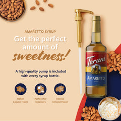Glass Torani Amaretto bottle on shelf showcasing premium non-alcoholic flavoring.